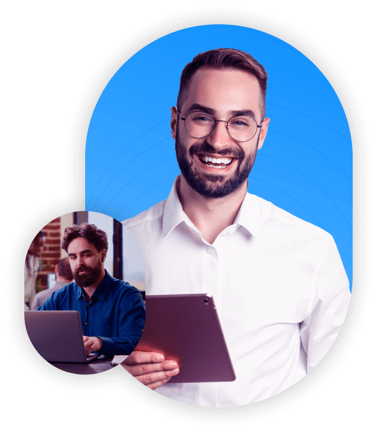 Homem de negócios segurando um Notebook enquanto sorri